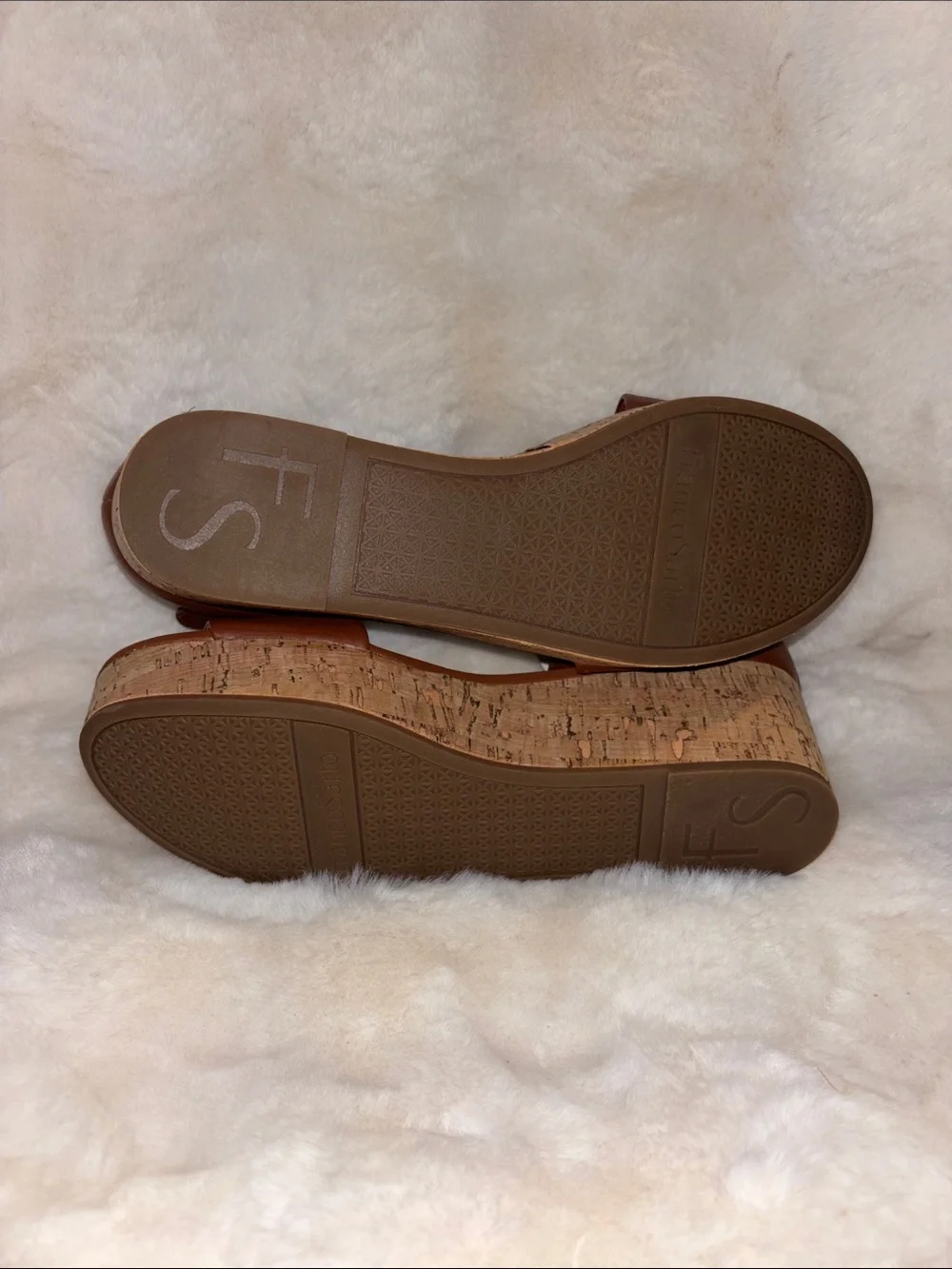 Franco Sarto Brown Cork Wedge Sandals with Ankle Strap